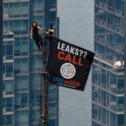 Leak and Seek team abseiling a Melbourne high-rise for a promotional shoot