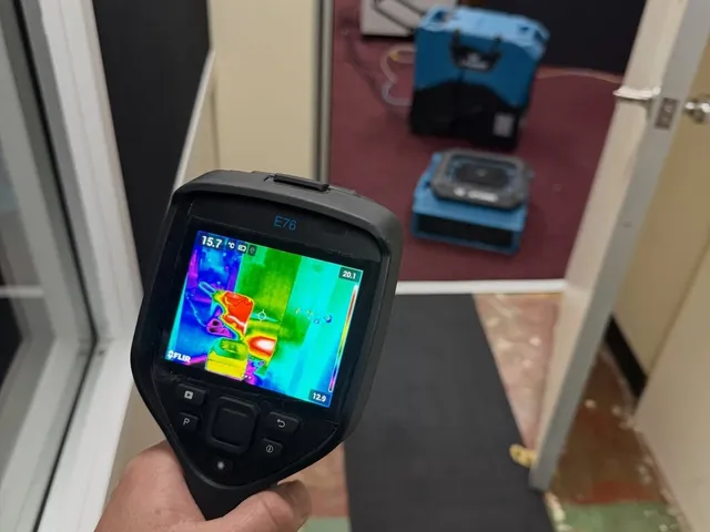 Leak and Seek technician using a thermal imaging camera to detect a hidden water leak